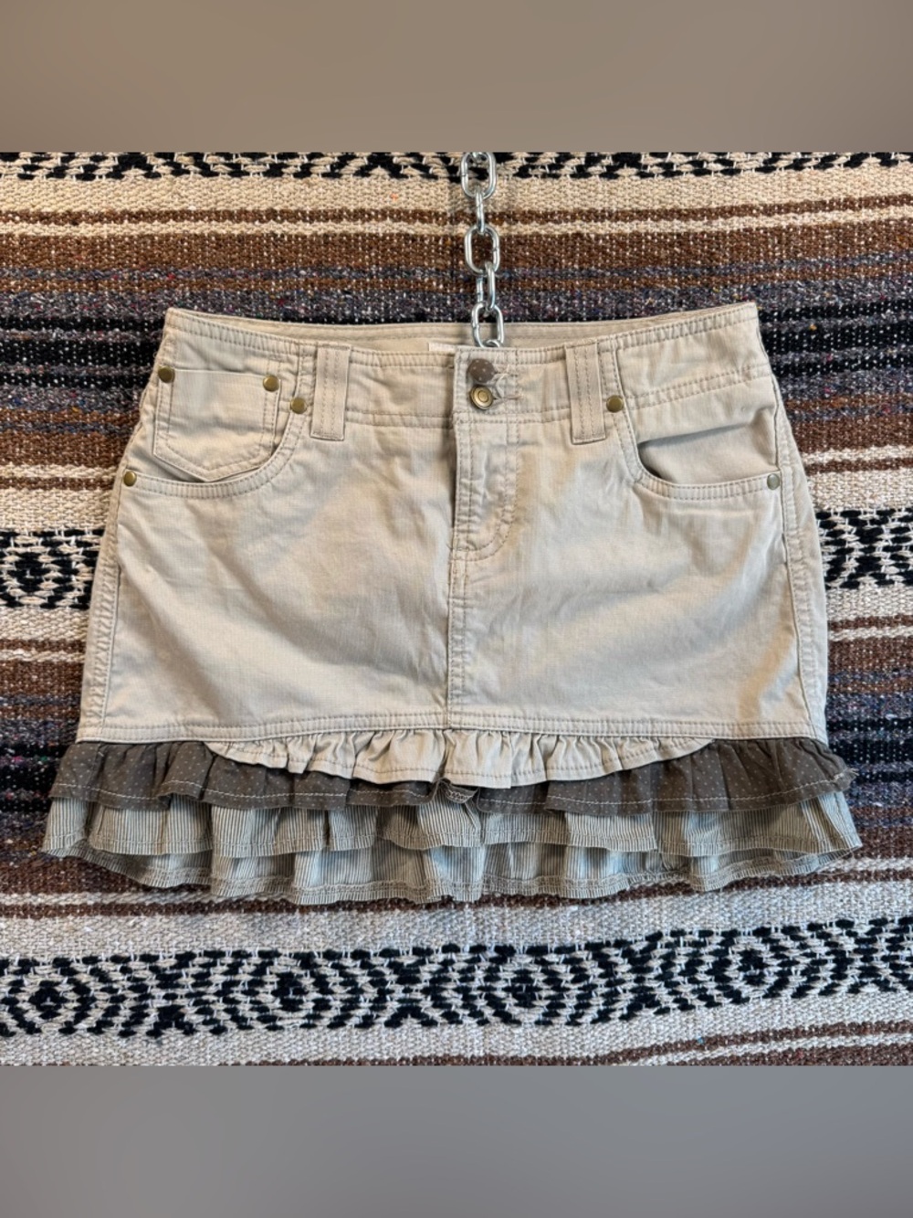 SO Khaki Corduroy Ruffle Mini Skirt Mixed Pattern Hem Tan Brown Women’s Size 3